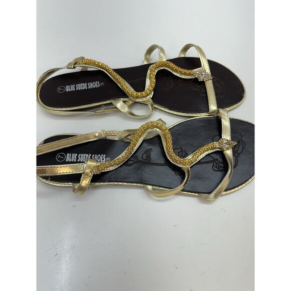 Blue Suede Shoes Womens Sandals Flats Size 6 (37) Gold Snake Wrapped - Picture 5 of 8